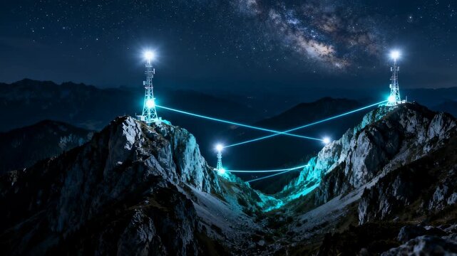 Mountain communication tower night sky milky way star neon light data network digital connection remote rocky landscape technology fantasy scene