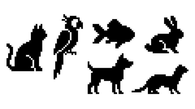 Silhouettes of various cute animals together.pixel art