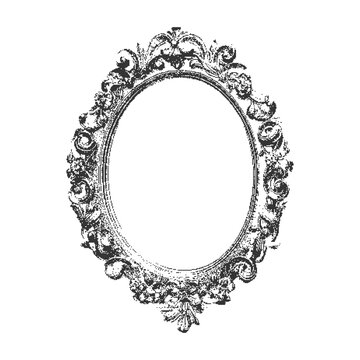 Vintage ornate oval picture frame, decorative rococo style border, antique baroque mirror frame design, detailed filigree engraving, isolated on white background