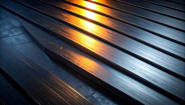Dark wooden deck with sunlight reflection.