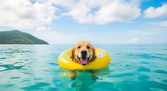 Golden retriever dog swimming with yellow inflatable float in ocean on sunny day with technology aids