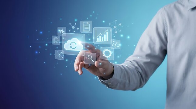 Businessman interacting with digital cloud computing and data analytics icons on a blue background