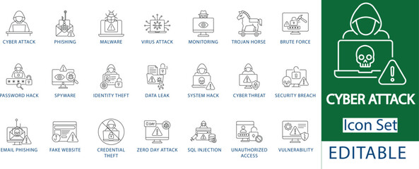 cyber attack icon set: professional phishing and malware, hacker data leak and system hack, network security breach, and online vulnerability line icons © ICON37