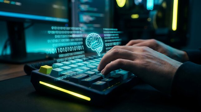 Closeup of hands typing on a mechanical keyboard with holographic digital brain and binary code interface