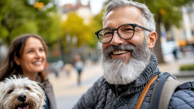 Smiling bearded man wearing glasses enjoying a walk outdoors