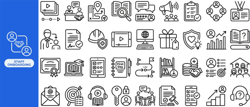 Workforce Management and HR Staff outline icon set. Featuring org chart, schedule, payroll, attendance, and team symbols. Editable stroke vector icons for human resources and personnel administration.