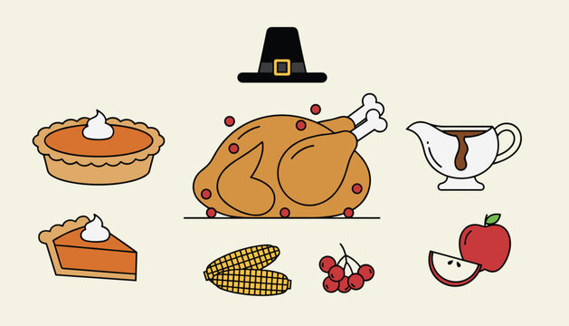 Collection of traditional Thanksgiving food items includes a roast turkey, pumpkin pie, gravy, corn, and fruit.
