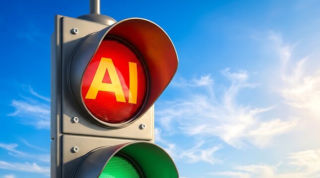 Traffic light with red light showing ai text against a blue sky background, representing artificial intelligence regulation and safety concepts