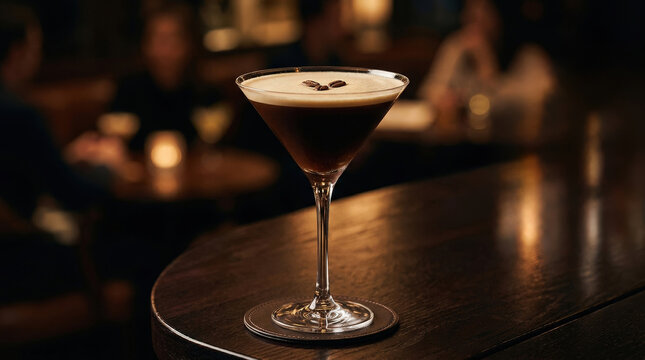 Dark martini glass with chocolate foam on wooden bar counter liquid