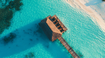 Obraz na płótnie Canvas Aerial view of a tropical pier extending into crystal clear turquoise waters creating a perfect island vacation destination.