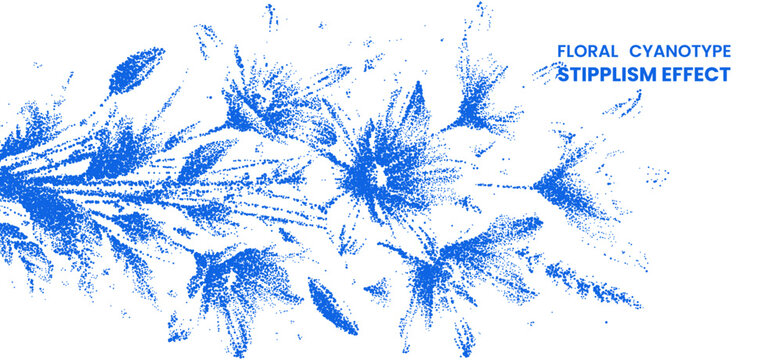 Floral cyanotype stipplism effect illustration, blue ink dot art of wildflowers, botanical stippling drawing isolated on white background