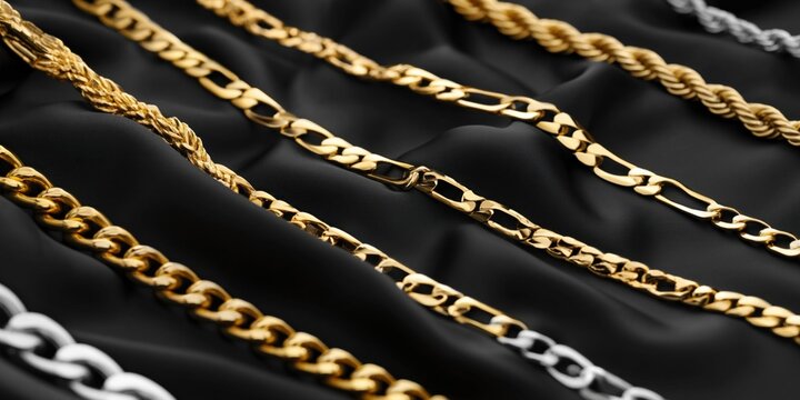 Collection of luxurious gold and silver chains displayed on a black satin background