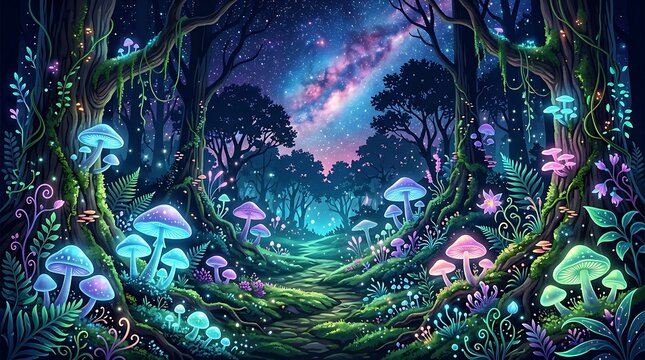 Magical bioluminescent forest path with glowing fungi at night