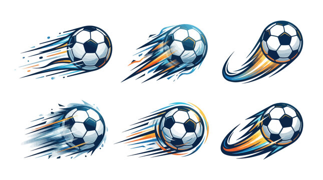 Fast soccer balls in motion with dynamic speed lines and light effects