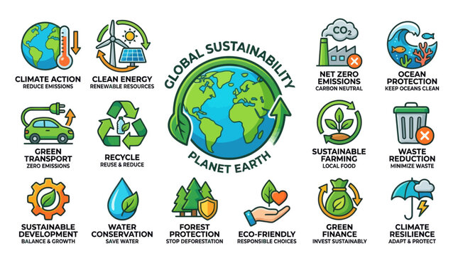 Environmental Sustainability Icons Set Representing Global Climate Action