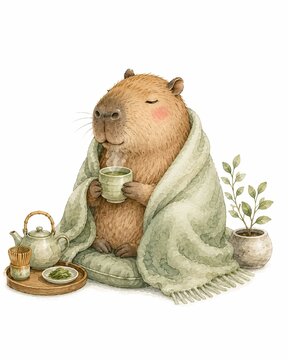 Emotional Support Animal Unbothered Therapy Cozy Capybara Drinking Green Tea in Blanket, Watercolor Illustration for Mindfulness and Slow Living, Hygge Self Care Art Isolated on White