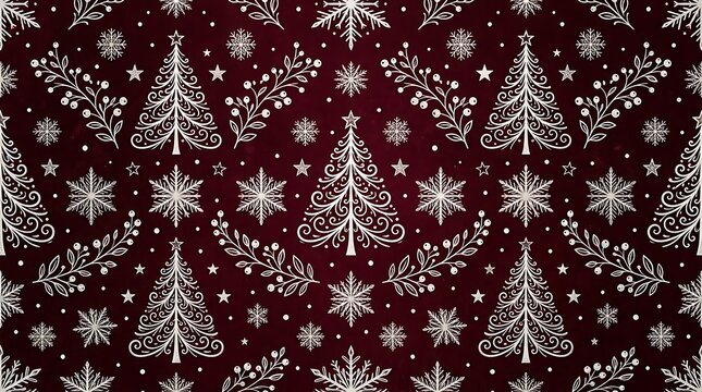 Seamless holiday pattern with festive trees and winter elements