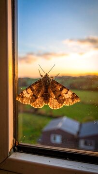 A moth on a window with a sunset view of a house and green field