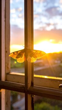 A moth perches on a windowpane against a vibrant sunset