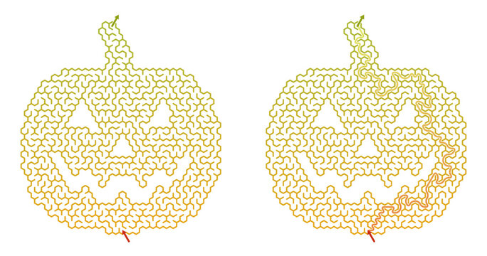 Jack-o-lantern maze with solution in orange and yellow design  