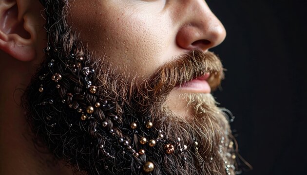Close-up of a man's beard adorned with intricate metallic beads and ornaments