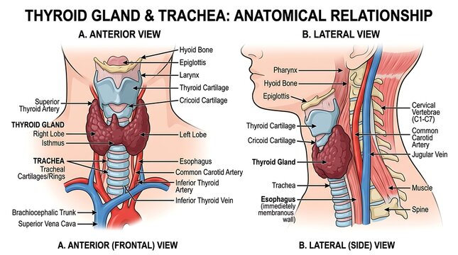 Anterior and lateral views of human thyroid gland and trachea anatomy