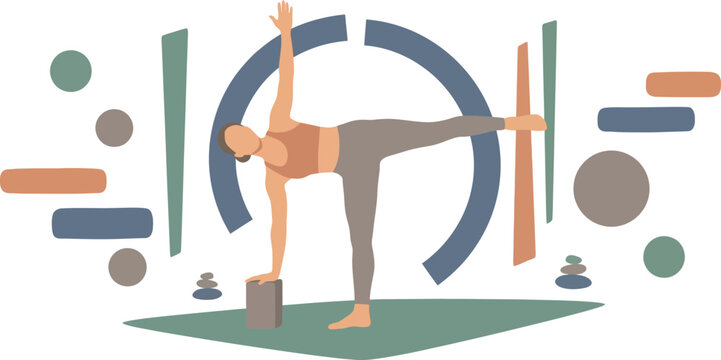 Yoga practitioner demonstrates a half moon balance pose using a block on a studio mat.