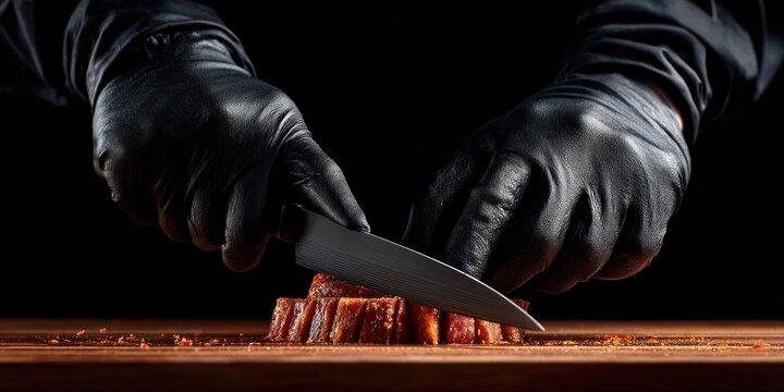 Chef in black gloves meticulously slicing cured meat with a sharp knife