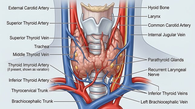 Detailed anatomical illustration of human thyroid gland and vessels