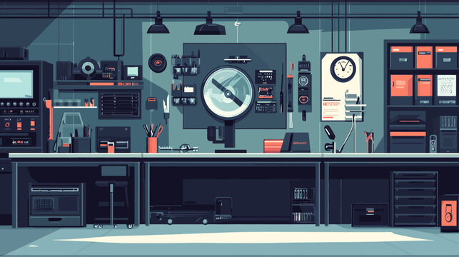 Organized workshop with tools, equipment, and electronic devices