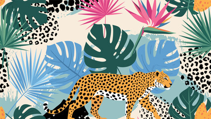 A colorful illustration of a cheetah walking through a lush jungle with exotic plants and vibrant flowers in the background. © Grogolan