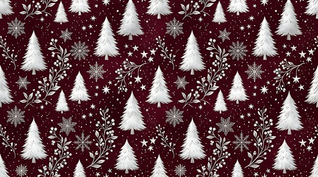 Seamless winter pattern with white trees and snowflakes on maroon
