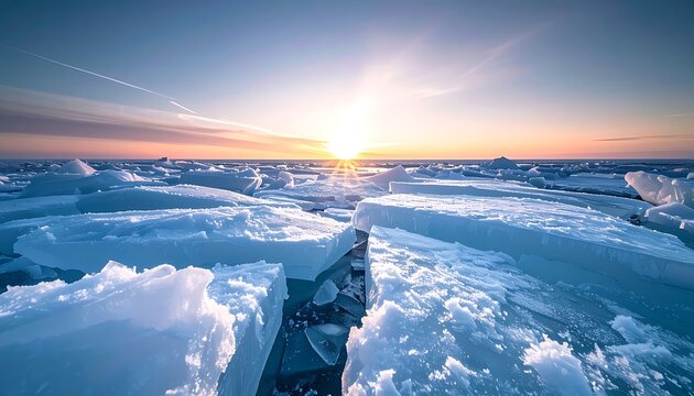 Ice floes in Arctic ocean sunset.