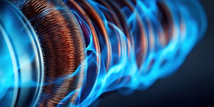 Close-up of powerful electromagnet coil with glowing blue energy field