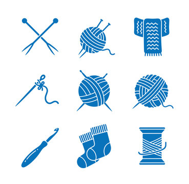 set of blue icons for knitting and crochet on white background