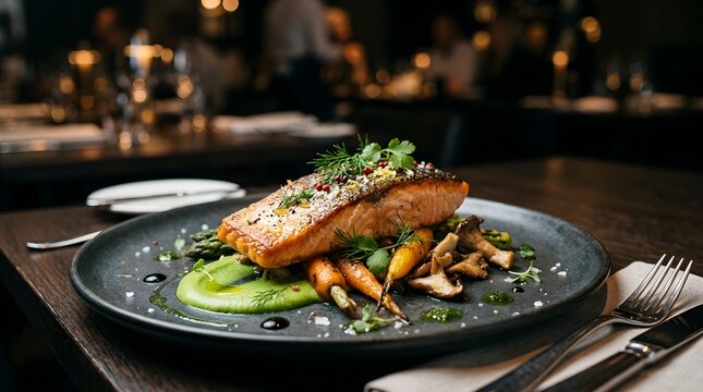 Grilled salmon fillet with roasted carrots, mushrooms, and green pea puree on a dark plate in a restaurant setting