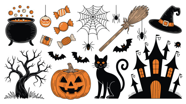 Halloween icons and symbols vector illustration set including witch hat broomstick cauldron spider web candy pumpkin black cat bats tree haunted house