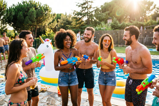 Group of Happy Friends Playing with Water Guns at Outdoor Pool Party Celebrating Summer Vacation Fun and Social Lifestyle Activities