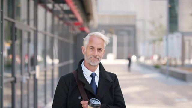 Face, commute and businessman with coffee in city, legal consultant career and client representative. Portrait, professional and mature lawyer with confidence for litigation support, smile and travel