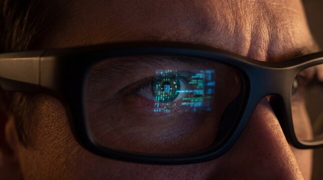 Close Up of Eye Reflecting Computer Code Lines and Digital Interface Data Through Glasses