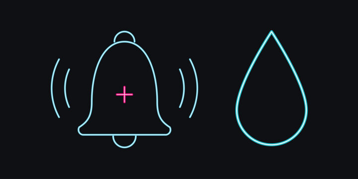 Hospital alarm bell and water drop neon icons for emergency alerts and hydration therapy.
