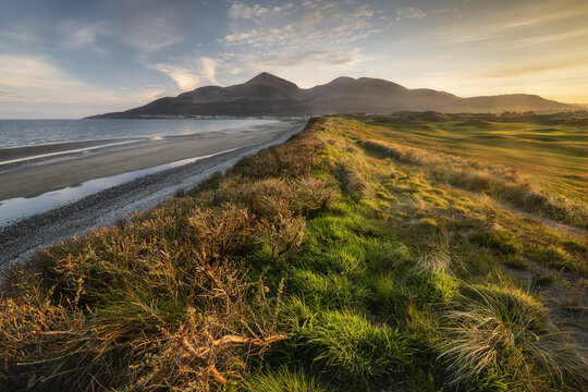 View of the Mourne Mountains and the sandy coastline with grassy dunes at sunset in Newcastle, Northern Ireland, United Kingdom.