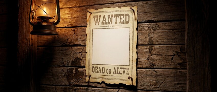Wanted poster hangs on rustic wooden wall near lantern at night