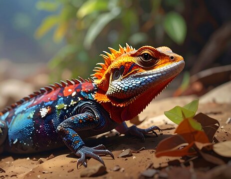 A vibrantly colored lizard with intricate patterns and textures, basking in dappled sunlight in a natural setting