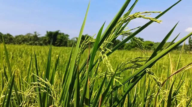 Rice plants in a paddy field during a sunny day. 4k video