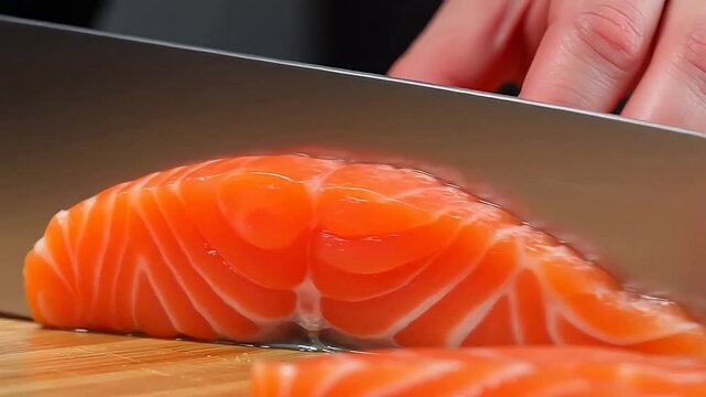 Knife Slices Through Salmon, Creating Artful Sashimi