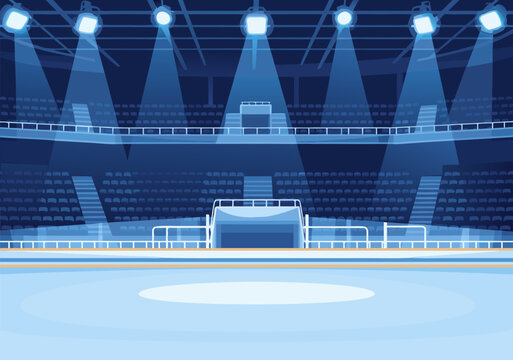 A dimly lit hockey stadium with a spotlight shining on the ice rink and goal.