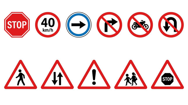 Two rows of international road signs showing stop, speed limit, direction, prohibition, and warning symbols in red and white design.