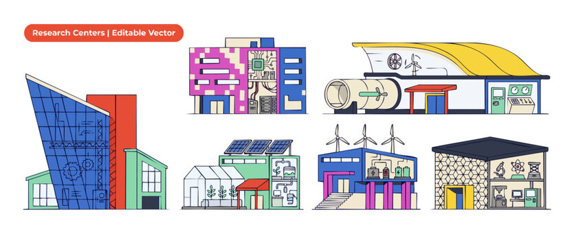 Science laboratory building vector set featuring diverse modern research facilities and sustainable technology centers including wind turbines, data servers, green botany labs, and engineering hub art