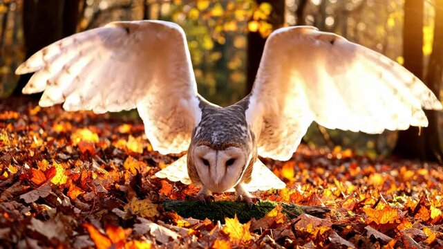 Barn owl standing on a mossy log with wings spread wide in a sunny autumn forest surrounded by fallen orange leaves, Tyto alba perched on the ground during golden hour.